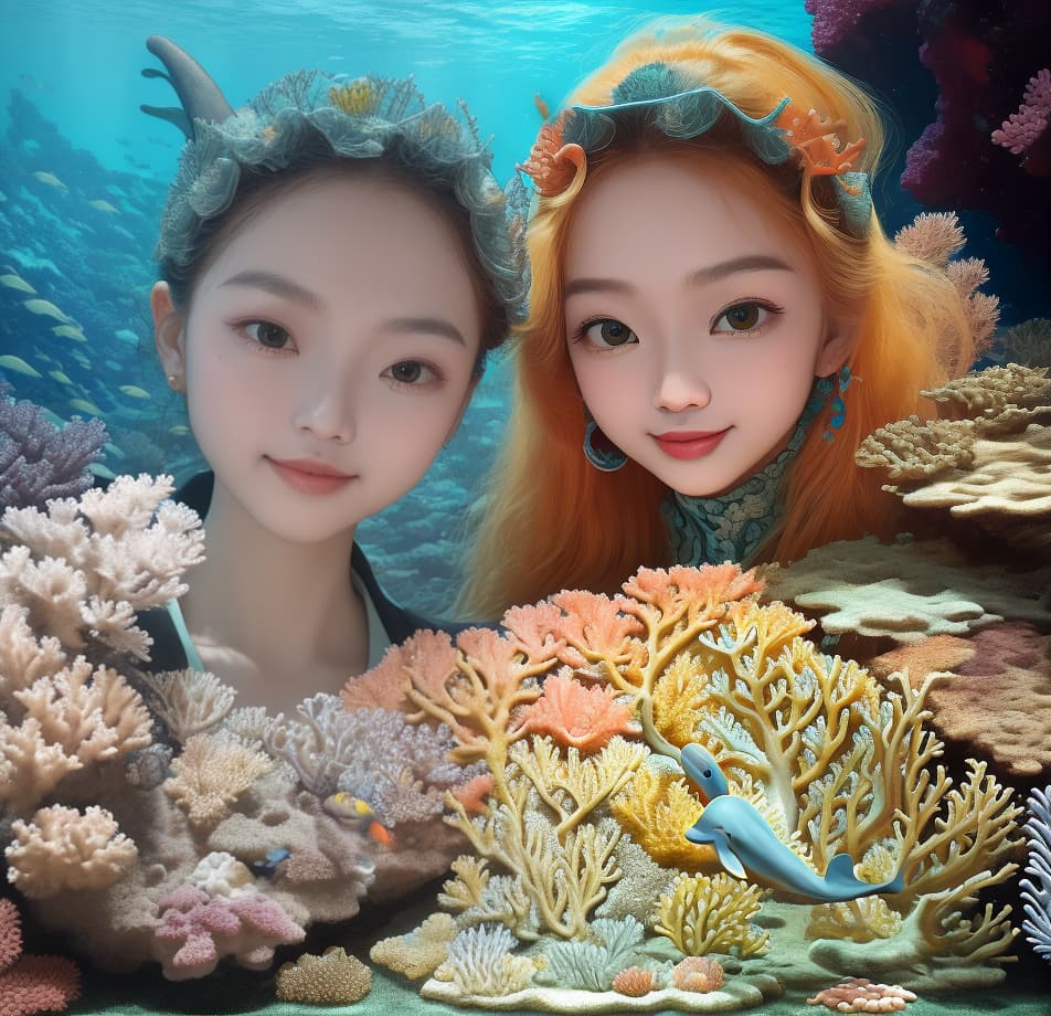  masterpiece, best quality, Most Beautiful in deep sea teeming with vibrant corals, diverse marine life, and enchanting underwater landscapes, full of corals, acrophore, small fishes, anemones, dolphin, various algaes, caves, colorful,all captured in stunning 8k resolution with intricate details.