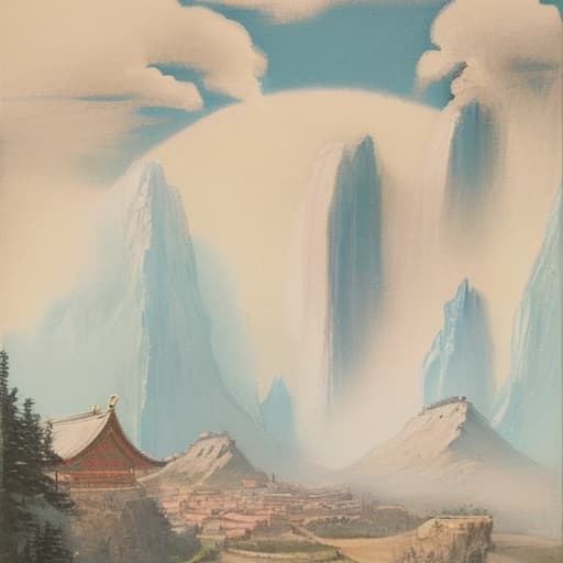  Chinese style landscape painting, mountains, rivers, clouds