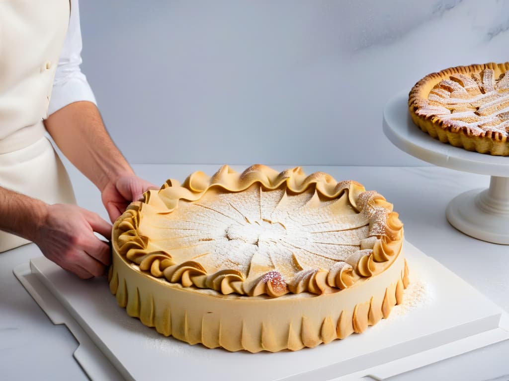  A closeup, ultradetailed image of a golden, flaky glutenfree pie crust being delicately crimped by a pair of hands, showcasing the intricate layers and texture of the dough, with a sprinkle of almond flour on a clean marble countertop in the background. hyperrealistic, full body, detailed clothing, highly detailed, cinematic lighting, stunningly beautiful, intricate, sharp focus, f/1. 8, 85mm, (centered image composition), (professionally color graded), ((bright soft diffused light)), volumetric fog, trending on instagram, trending on tumblr, HDR 4K, 8K