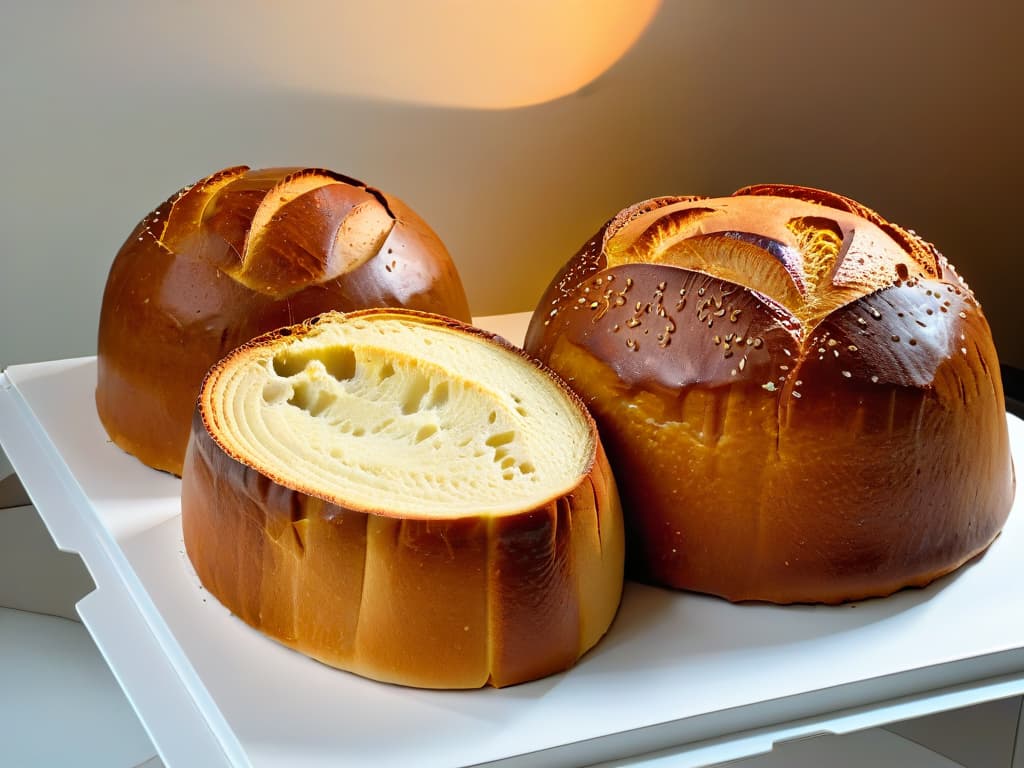  An ultradetailed image of two freshly baked panettones side by side, one made with natural yeast and the other with commercial yeast. The goldenbrown crusts glisten under soft lighting, showcasing the intricate patterns created during the baking process. The natural yeast panettone has a slightly uneven, rustic appearance, while the commercial yeast version boasts a perfectly domed shape. Crumbs of fluffy, moist bread surround the loaves, hinting at their deliciously airy texture. The image conveys a sense of artisanal craftsmanship and highlights the subtle differences in texture and flavor between the two types of leavening agents. hyperrealistic, full body, detailed clothing, highly detailed, cinematic lighting, stunningly beautiful, intricate, sharp focus, f/1. 8, 85mm, (centered image composition), (professionally color graded), ((bright soft diffused light)), volumetric fog, trending on instagram, trending on tumblr, HDR 4K, 8K