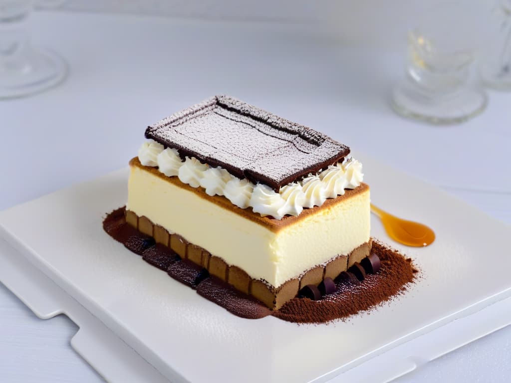  An ultradetailed, highresolution image of a classic tiramisú dessert beautifully presented on a simple, elegant white plate. The dessert features layers of coffeesoaked ladyfingers, creamy mascarpone cheese, and a generous dusting of cocoa powder on top. The focus is on the intricate textures of the dessert, highlighting the smooth mascarpone against the delicate sponge fingers, with a subtle play of light and shadow adding depth to the image. hyperrealistic, full body, detailed clothing, highly detailed, cinematic lighting, stunningly beautiful, intricate, sharp focus, f/1. 8, 85mm, (centered image composition), (professionally color graded), ((bright soft diffused light)), volumetric fog, trending on instagram, trending on tumblr, HDR 4K, 8K