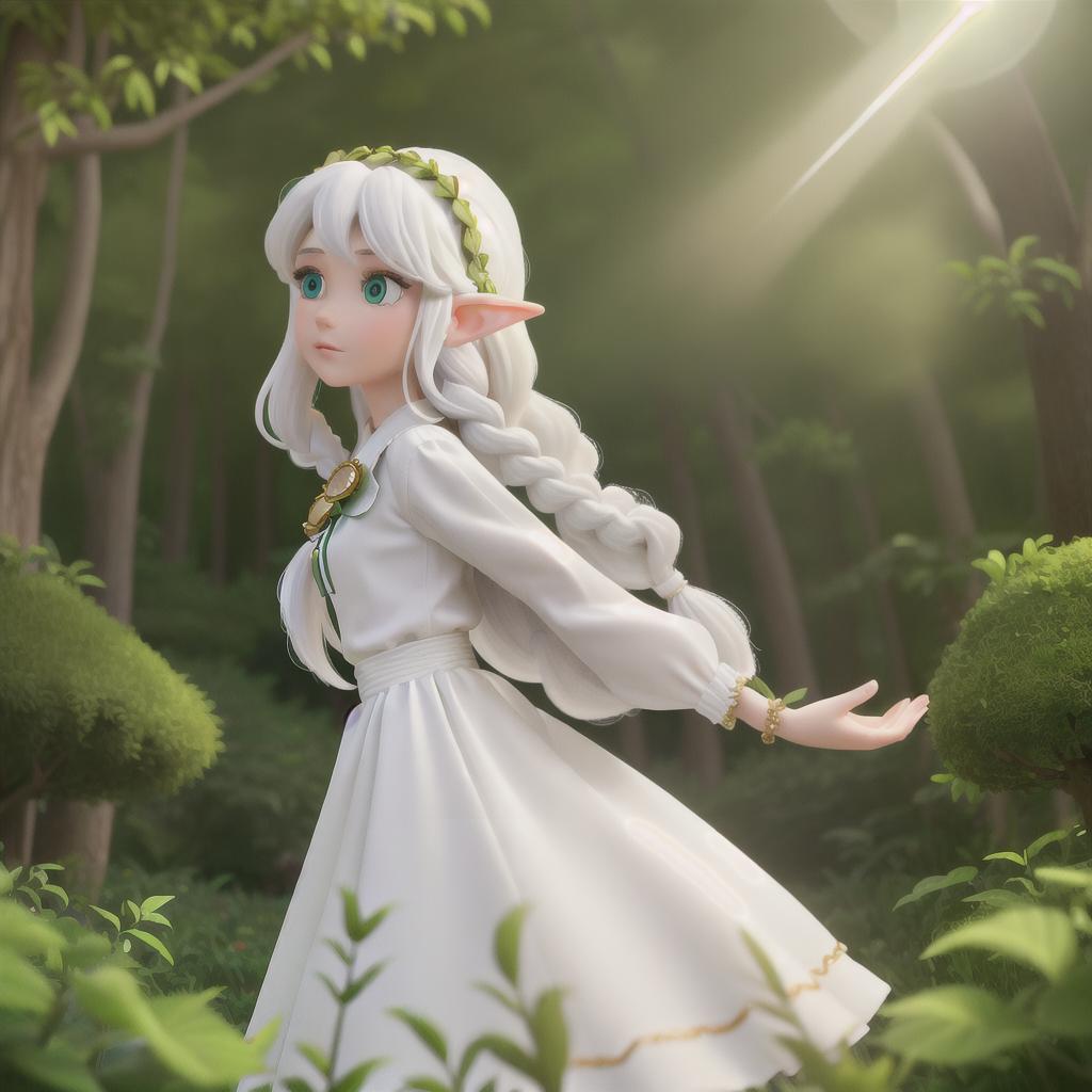  masterpiece, best quality,(Masterpiece, Best quality, High quality, High level, Ultra detailed), Realism, 1 sweet girl, Bigger,(side braid: 1.1), long hair,((white hair)), leaf hair accessory, elf, green eyes, pale skin, bare shoulders, jewelry, white dress,(separated sleeves: 1.1), bracelet,(look away: 1.2),(hair floating: 1.3), from the side,(in forest: 1.3),(lens flare from right: 1.2),