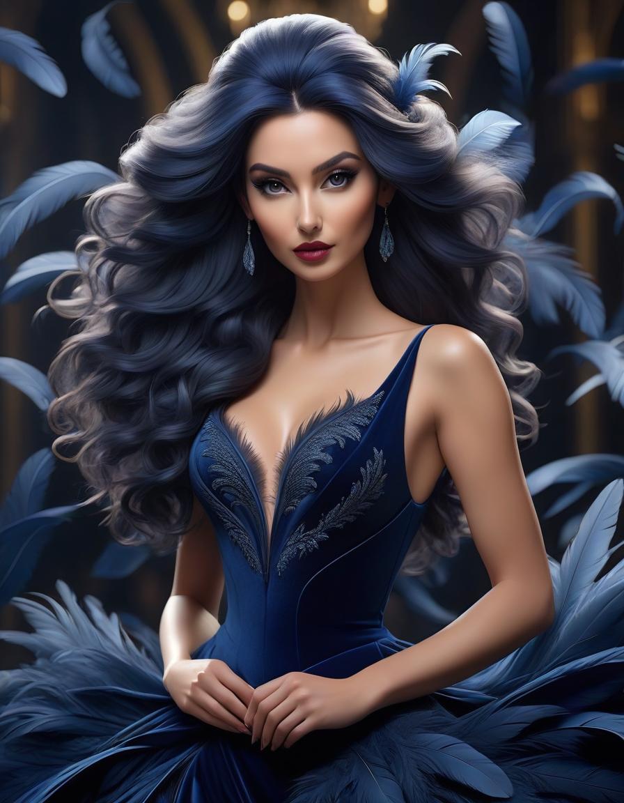  concept art Portrait of a beautiful girl in a dark blue velvet Lorrain dress, on beautiful hair adorned with soft feathers of dark blue colour . digital artwork, illustrative, painterly, matte painting, highly detailed hyperrealistic, full body, detailed clothing, highly detailed, cinematic lighting, stunningly beautiful, intricate, sharp focus, f/1. 8, 85mm, (centered image composition), (professionally color graded), ((bright soft diffused light)), volumetric fog, trending on instagram, trending on tumblr, HDR 4K, 8K