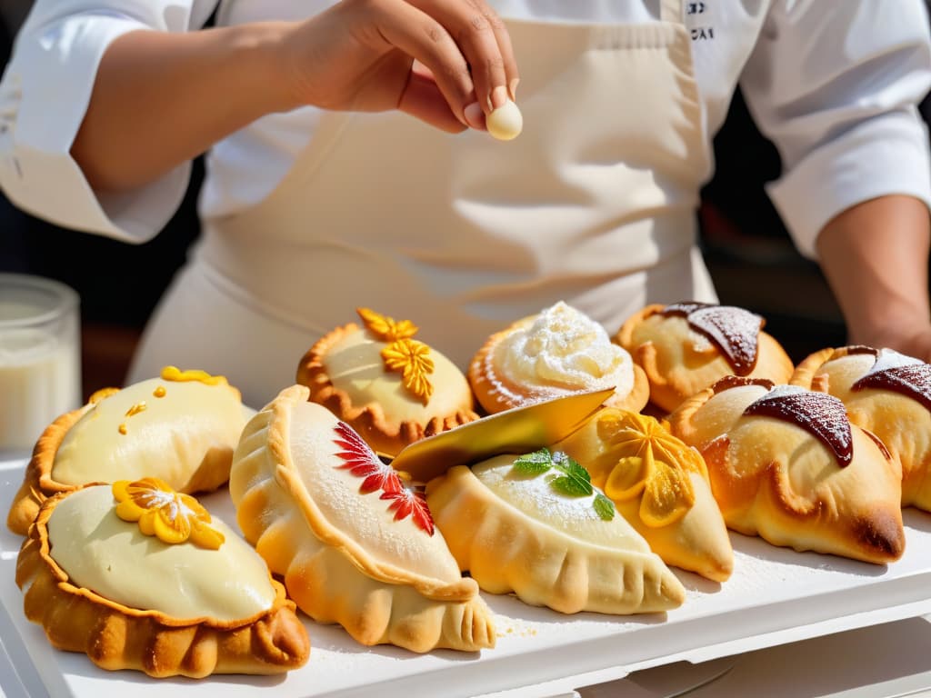  A closeup, photorealistic image of a skilled pastry chef delicately piping intricate designs with pastelcolored icing onto a row of freshly baked empanadas dulces. The chef's hands are steady and precise, with each swirl and detail adding a touch of elegance to the golden brown pastries. The vibrant colors of the icing contrast beautifully against the flaky texture of the empanadas, creating a visually stunning and appetizing scene that showcases expertlevel decoration skills. hyperrealistic, full body, detailed clothing, highly detailed, cinematic lighting, stunningly beautiful, intricate, sharp focus, f/1. 8, 85mm, (centered image composition), (professionally color graded), ((bright soft diffused light)), volumetric fog, trending on instagram, trending on tumblr, HDR 4K, 8K