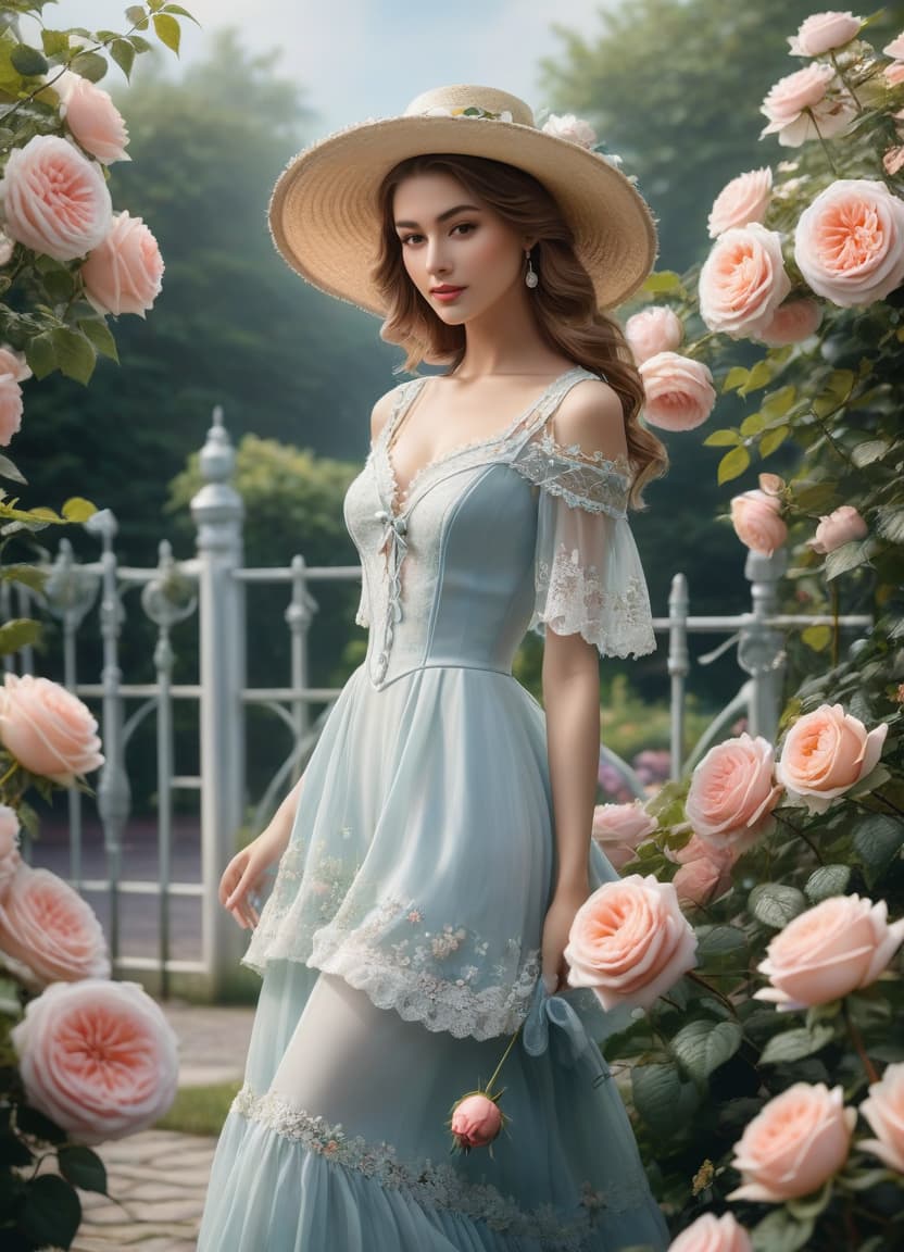  nautical themed Delicate English watercolour in pastel tones, on the background of English garden flowers powder roses in dew, among roses stands a lovely in a straw hat decorated with flowers and in a lush dress with lace, openwork wrought iron fence, octane, dew glistens and shimmers in the sun lumen, in the distance marble statue, aesthetic flowers,art botanical, organic biological,realistic . sea, ocean, ships, maritime, beach, marine life, highly detailed hyperrealistic, full body, detailed clothing, highly detailed, cinematic lighting, stunningly beautiful, intricate, sharp focus, f/1. 8, 85mm, (centered image composition), (professionally color graded), ((bright soft diffused light)), volumetric fog, trending on instagram, trending on tumblr, HDR 4K, 8K