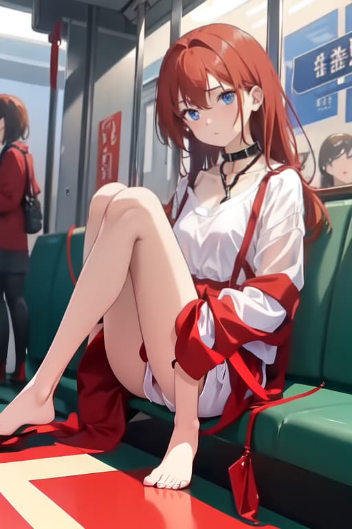  (masterpiece), best quality, expressive eyes, perfect face. Inside a crowded train is a beautiful, with red hair on her with (((legs open))), wearing a micro that is much too short for her body and a white sheer shirt. There is a ringed collar around her neck with a leash clipped to the front of it, and the leash is being held by a man who is out of frame. (((The 's s and are clearly visible))) and there is a small puddle on the floor between her .