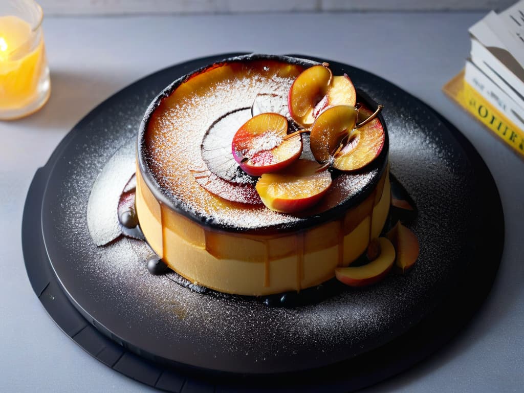  An ultradetailed and minimalist image of a goldenbrown Tarta Tatin freshly baked, showcasing layers of caramelized apples glistening under a light drizzle of syrup, all set on a sleek, matte black plate with a dusting of powdered sugar. The apples are precisely arranged in a circular pattern, highlighting their rich honeyed hues and tender texture. The background is softly blurred, emphasizing the elegant simplicity of this iconic French dessert. hyperrealistic, full body, detailed clothing, highly detailed, cinematic lighting, stunningly beautiful, intricate, sharp focus, f/1. 8, 85mm, (centered image composition), (professionally color graded), ((bright soft diffused light)), volumetric fog, trending on instagram, trending on tumblr, HDR 4K, 8K