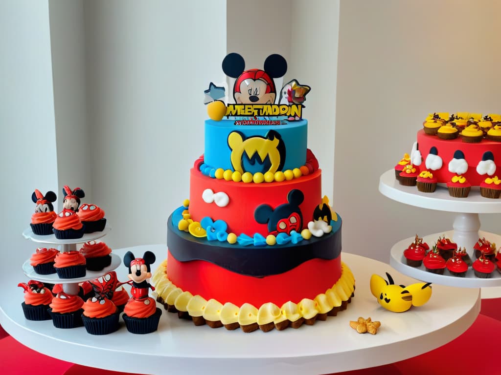  A highresolution, ultradetailed image of a vibrant and whimsical dessert table featuring an array of colorful cupcakes, cookies, and cakes adorned with popular licensed characters like Mickey Mouse, Elsa, Spiderman, and Pikachu. Each treat is meticulously decorated to showcase the iconic features of the characters, from Mickey's ears to Elsa's shimmering gown, creating a visually striking and enticing display that perfectly captures the concept of character licensing in desserts. The table is elegantly arranged with a clean, modern backdrop, emphasizing the intricate details and vibrant colors of the treats, making them the focal point of the image. hyperrealistic, full body, detailed clothing, highly detailed, cinematic lighting, stunningly beautiful, intricate, sharp focus, f/1. 8, 85mm, (centered image composition), (professionally color graded), ((bright soft diffused light)), volumetric fog, trending on instagram, trending on tumblr, HDR 4K, 8K