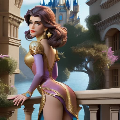  Fantasy Disney princes,seen from the back,wearing skinny transparant but opulent looking costume and short dress,bending forward stone balcony watching her beautifull kingdom outside the pallace where the sun is getting low