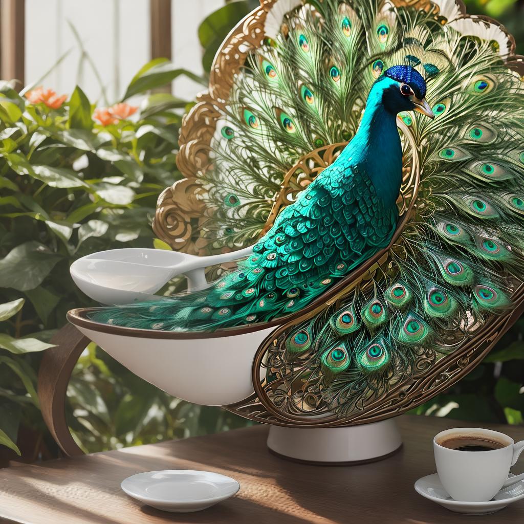  masterpiece, best quality, a cappuccino cup with a peacock as a latte motif.style photography, super realistic, film grain. leica 8mm f/8 flash lighting, natural sunlight, depth of field