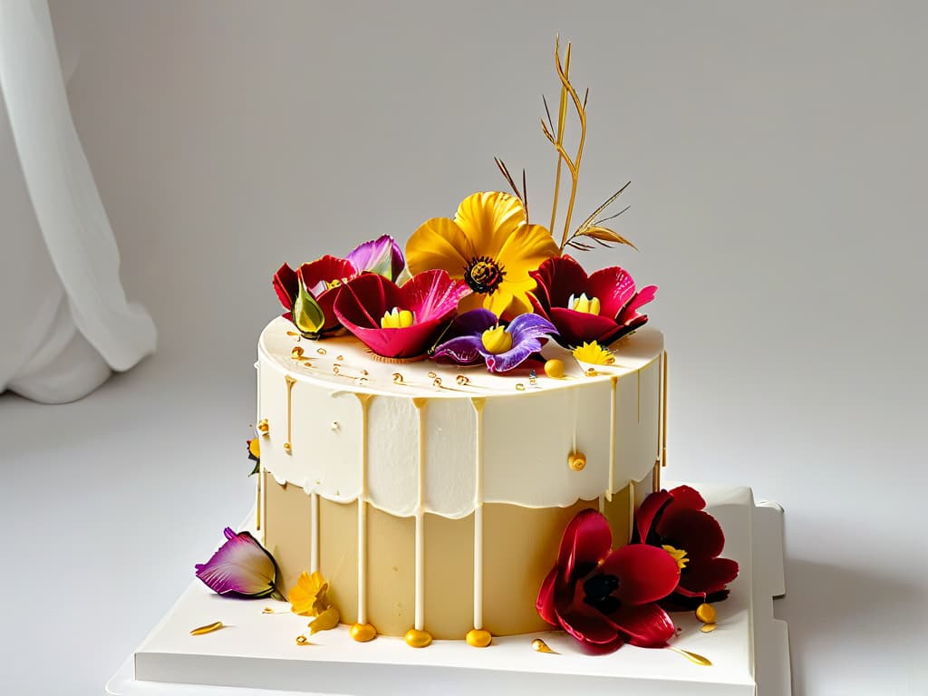  A minimalist image featuring a beautifully decorated drip cake adorned with edible flowers and gold leaf accents, set against a simple white backdrop to emphasize the intricate details and vibrant colors of the confection. hyperrealistic, full body, detailed clothing, highly detailed, cinematic lighting, stunningly beautiful, intricate, sharp focus, f/1. 8, 85mm, (centered image composition), (professionally color graded), ((bright soft diffused light)), volumetric fog, trending on instagram, trending on tumblr, HDR 4K, 8K