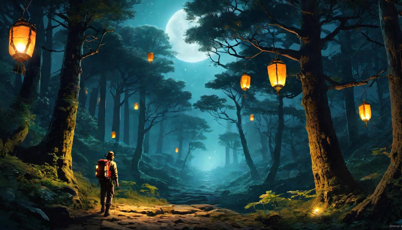  digital illustration Travelers with lanterns walking through an ancient forest at night, mystery and exploration, seeking light amidst obscurity, lantern light amidst ancient trees, journey of discovery, shadows and light interplay looking at viewer, dynamic pose, (intricate details, masterpiece, best quality)