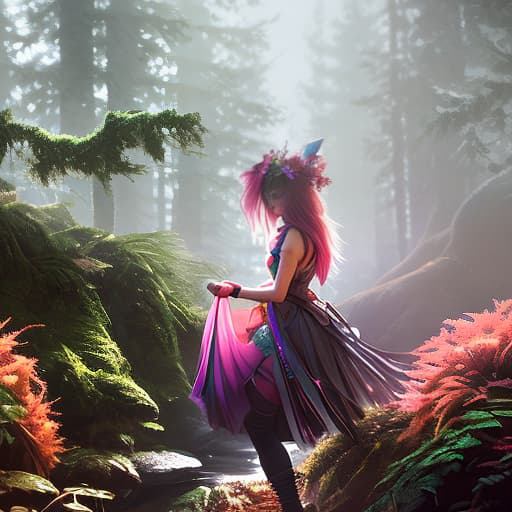 nvinkpunk forrest princess hyperrealistic, full body, detailed clothing, highly detailed, cinematic lighting, stunningly beautiful, intricate, sharp focus, f/1. 8, 85mm, (centered image composition), (professionally color graded), ((bright soft diffused light)), volumetric fog, trending on instagram, trending on tumblr, HDR 4K, 8K