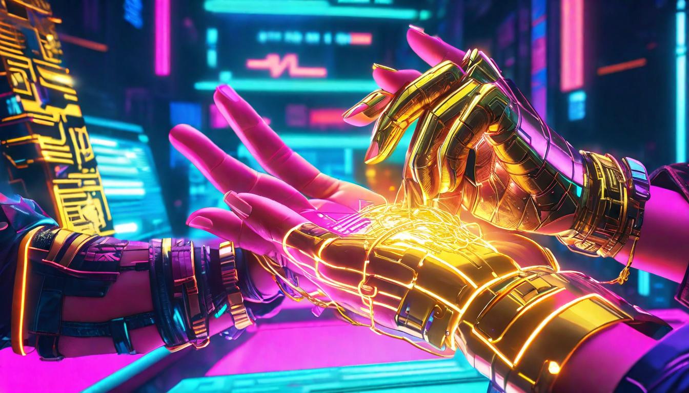  vaporwave,cyberpunk game style Hands (avoided subject managed) binding a wound with a golden thread, metaphorical for healing, warm light focusing on the action, background blurred, act of careeon, dystopian, futuristic, digital, vibrant, detailed, high contrast, reminiscent of cyberpunk genre video games,retro aesthetic, cyberpunk, vibrant, neon colors, vintage 80s and 90s style, highly detailed