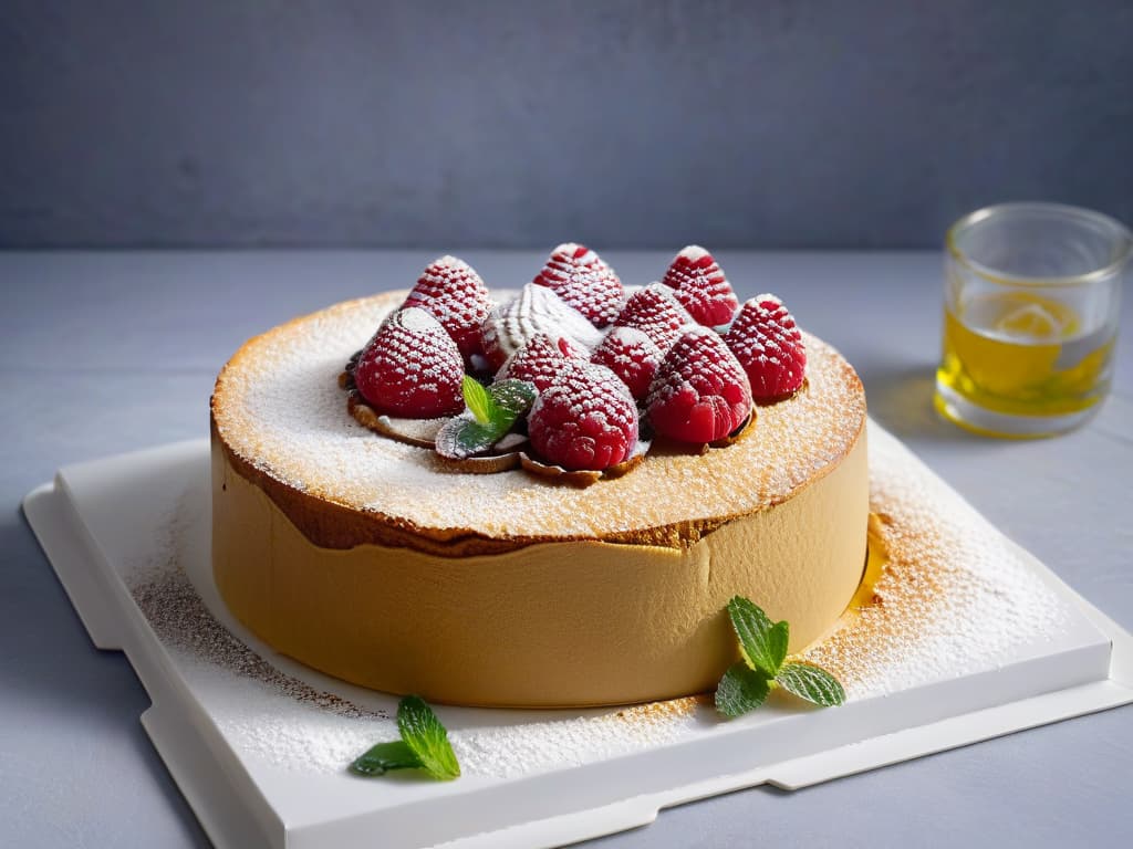  An image of a perfectly goldenbrown chickpea flour cake, topped with a delicate dusting of powdered sugar and garnished with fresh raspberries and mint leaves. The cake sits on a sleek, modern white plate against a soft gray backdrop, creating a striking contrast that highlights the intricate texture of the dessert. The lighting is soft and natural, casting subtle shadows that add depth to the scene, emphasizing the rich colors and inviting presentation of this alternative flour creation. hyperrealistic, full body, detailed clothing, highly detailed, cinematic lighting, stunningly beautiful, intricate, sharp focus, f/1. 8, 85mm, (centered image composition), (professionally color graded), ((bright soft diffused light)), volumetric fog, trending on instagram, trending on tumblr, HDR 4K, 8K