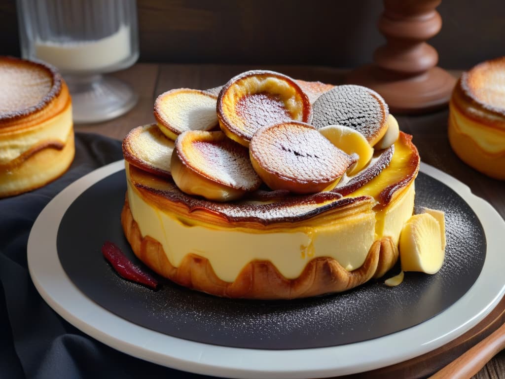  An intricately detailed closeup image of a pastel de nata, with a perfectly flaky crust, creamy custard filling, and a sprinkle of cinnamon on top. The warm golden hues of the pastry contrast beautifully with the dark background, highlighting the layers and textures of this iconic Portuguese dessert. hyperrealistic, full body, detailed clothing, highly detailed, cinematic lighting, stunningly beautiful, intricate, sharp focus, f/1. 8, 85mm, (centered image composition), (professionally color graded), ((bright soft diffused light)), volumetric fog, trending on instagram, trending on tumblr, HDR 4K, 8K