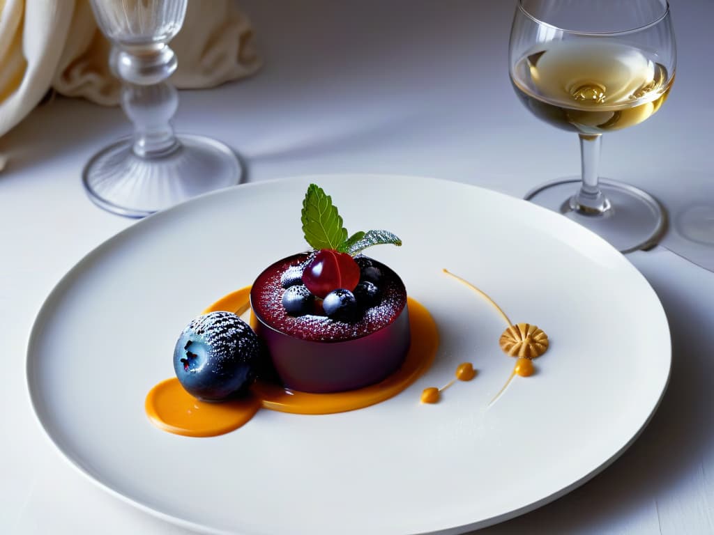  A highresolution, minimalist image featuring a beautifully plated dessert paired with a glass of exquisite wine, showcasing a harmonious blend of colors and textures. The dessert is elegantly garnished, and the wine glass reflects a soft, ambient light, creating a luxurious and inviting atmosphere. hyperrealistic, full body, detailed clothing, highly detailed, cinematic lighting, stunningly beautiful, intricate, sharp focus, f/1. 8, 85mm, (centered image composition), (professionally color graded), ((bright soft diffused light)), volumetric fog, trending on instagram, trending on tumblr, HDR 4K, 8K