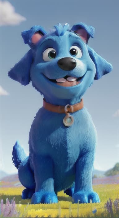  {A happy, big blue dog wagging its tail in a colorful meadow, The big blue dog is large with sky blue fur, big round eyes, a black nose, and floppy ears.