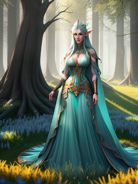  Elven in full length, Translucent turquoise dress, deep neckline, big id, turquoise smiling eyes looking at me, front view, in the golden hour before sunset, an oak grove in the center of which is a picturesque clearing, tall gr in the clearing, yellow dandelions and purple bluebells are scattered randomly in small cers, the clearing is crossed by a barely noticeable path that is lost between the trees, hight detailed, 4k, (3d render:1.25), realistic, dark, epic, (detailed:1.22), textured hyperrealistic, full body, detailed clothing, highly detailed, cinematic lighting, stunningly beautiful, intricate, sharp focus, f/1. 8, 85mm, (centered image composition), (professionally color graded), ((bright soft diffused light)), volumetric fog, trending on instagram, trending on tumblr, HDR 4K, 8K