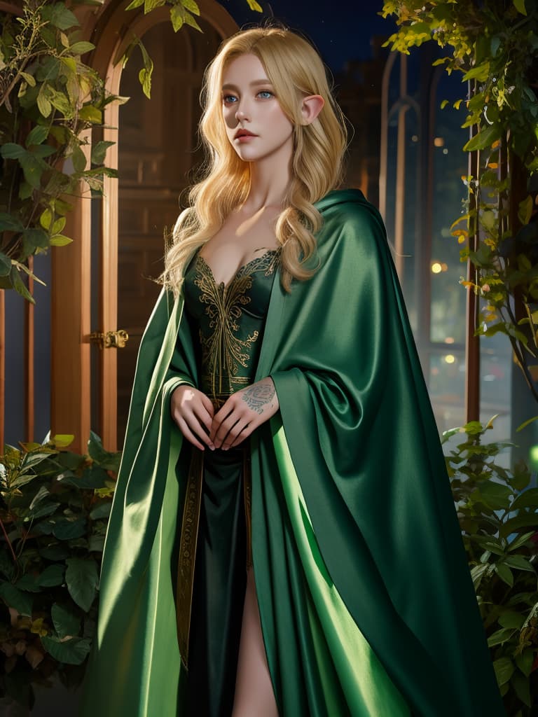  masterpiece, best quality, official art, extremely detailed cg 8k, ethereal fantasy concept art of short blonde hair, male elven assassin, green eyes, wearing dark green hooded cloak, tattoos, dark theme, night time, . magnificent, celestial, ethereal, painterly, epic, majestic, magical, fantasy art, cover art, dreamy