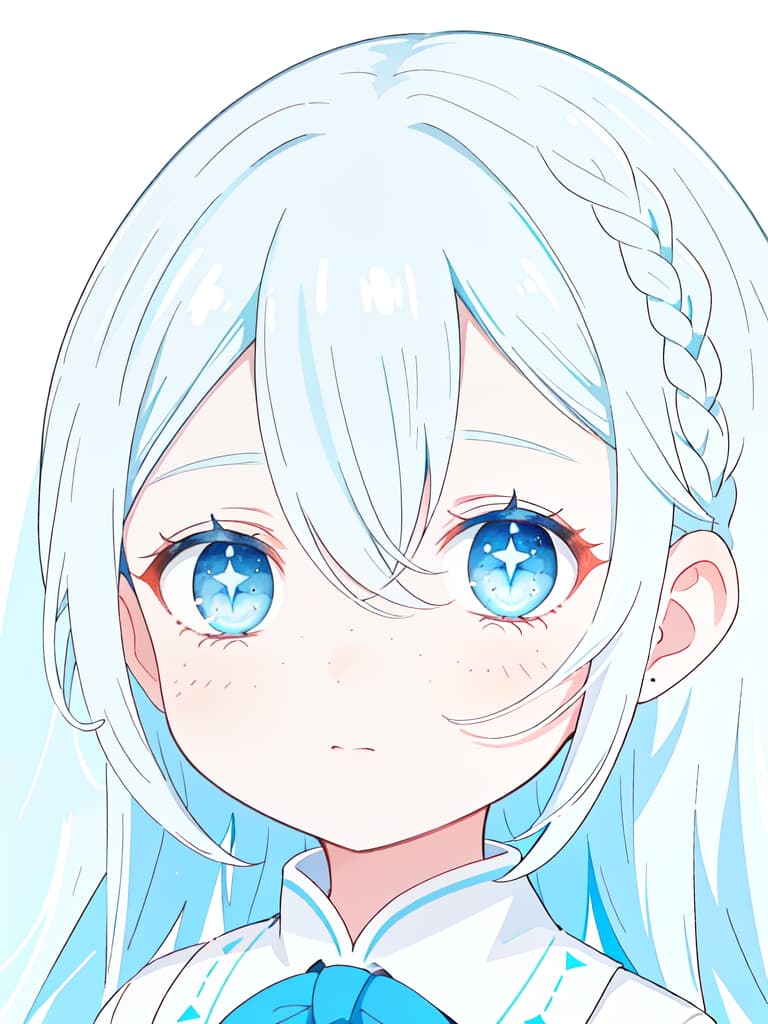  Braid, Light Blue and White Hair, turn around, freckles, WHITE EYE, background is blue, profile, masterpiece, best quality,8k,ultra detailed,high resolution,an extremely delicate and beautiful,hyper detail