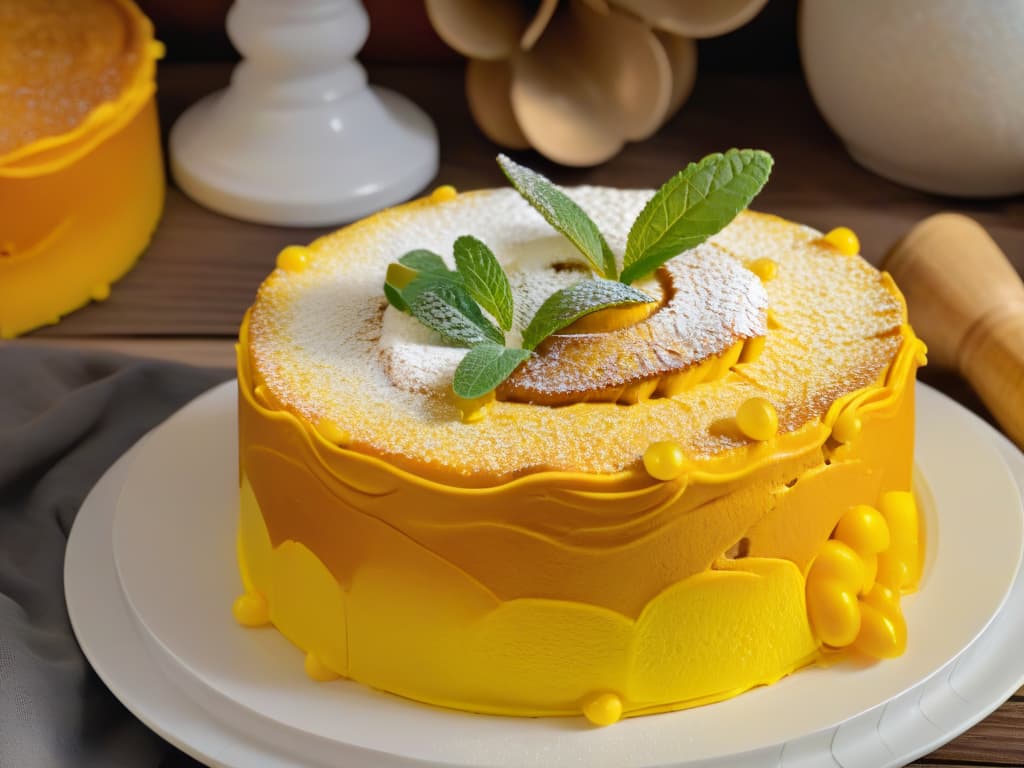  A photorealistic image of a freshly baked turmeric sponge cake (Sfouf) placed on a rustic wooden table, with vibrant yellow sponge layers infused with turmeric, topped with a light dusting of powdered sugar, surrounded by sprigs of fresh mint and a few scattered whole turmeric roots. The cake is sliced to reveal a moist, soft interior with a golden hue, showcasing the texture and crumb of the cake. Light streams in from a nearby window, casting a warm, inviting glow on the dessert, creating a visually appealing and appetizing scene. hyperrealistic, full body, detailed clothing, highly detailed, cinematic lighting, stunningly beautiful, intricate, sharp focus, f/1. 8, 85mm, (centered image composition), (professionally color graded), ((bright soft diffused light)), volumetric fog, trending on instagram, trending on tumblr, HDR 4K, 8K