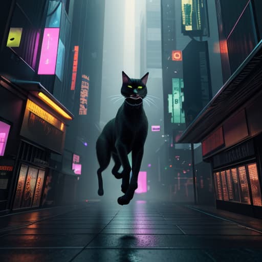  masterpiece, best quality, a scene featuring a bionic cat navigating a neon-lit cityscape, blending seamlessly with the cyber-enhanced environments , hyperrealistic, full body, detailed clothing, highly detailed, cinematic lighting, stunningly beautiful, intricate, sharp focus, f/1. 8, 85mm, (centered image composition), (professionally color graded), ((bright soft diffused light)), volumetric fog, trending on instagram, trending on tumblr, HDR 4K, 8K