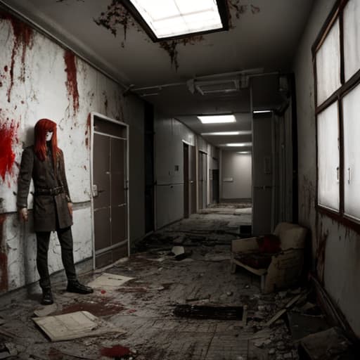  masterpiece, best quality, picture of, 1 man with white eyes, red hair, skinny body, tall height, fighting against creature,approaching, Indoor, Night, abandoned hospital, wall is painted in blood, best quality, amazing quality