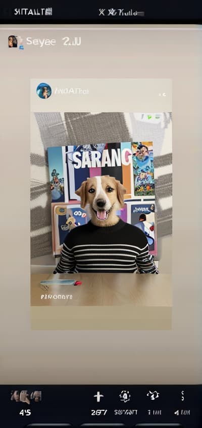  ultra high resolution, 4K image,masterpiece,best_quality,detailed eyes,(pixar style:1.2),(cartoon character,funny),a phone screen shows a picture of a dog wearing a sweater that says sarang