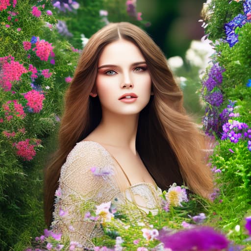 mdjrny-v4 style A radiant young woman with long, flowing hair and captivating eyes, standing in a picturesque garden, surrounded by vibrant flowers and basking in gentle sunlight.