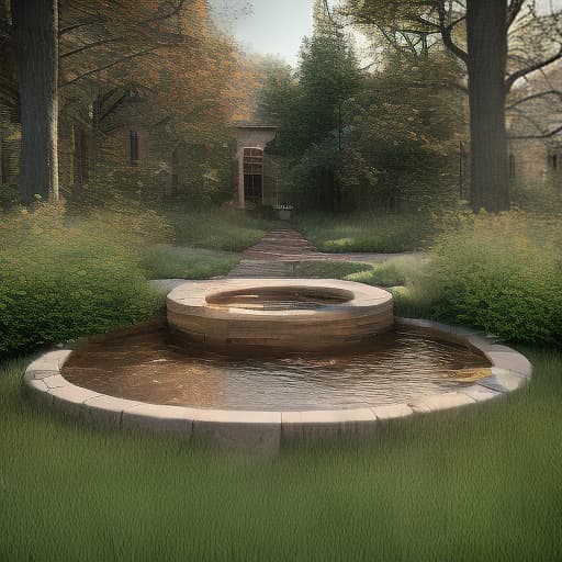 redshift style Create an architecturally-detailed design of a small chapel made of natural stones and weathered hardwood set smudst a beautifully landscaped lot with water features, green trees and plants
