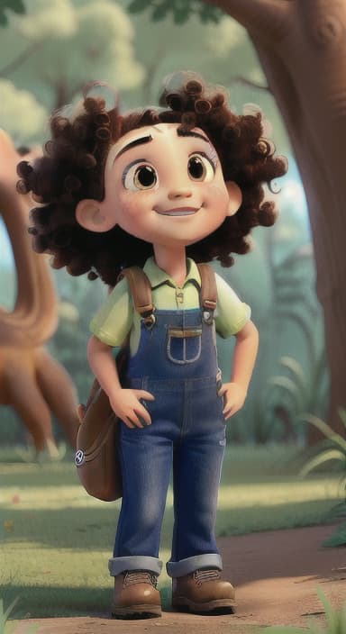  {Riley looking up at the tree with a big smile, animals surrounding them., Riley, a curious with big brown eyes and curly hair, wearing overalls and carrying a small backpack. Their friend, Skye, a bluebird with shiny feathers.