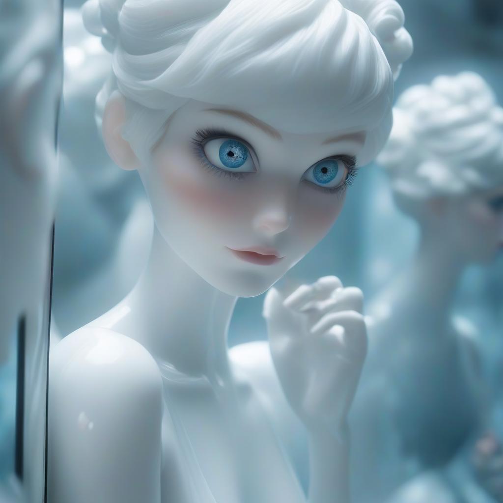  A porcelain doll looks at herself in a mirror with big blue eyes. Mercury flows from the doll's eyeball. Her hair is powdery white and she has a tidy bun. In the picture, only the doll and her reflection are shown. The doll is naked with ice pendant, she's thin. Keep this image, but make the eyes color without gloss. hyperrealistic, full body, detailed clothing, highly detailed, cinematic lighting, stunningly beautiful, intricate, sharp focus, f/1. 8, 85mm, (centered image composition), (professionally color graded), ((bright soft diffused light)), volumetric fog, trending on instagram, trending on tumblr, HDR 4K, 8K