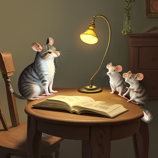  5 small mice, climbed up the lampstand to steal lamp oil, the cat came, the mice grumbled and rolled down.