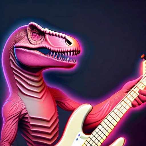  a tyrannosaurus Rex that has tattoos and a pink Mohawk wearing a pink nightgown playing a bass guitar hyperrealistic, full body, detailed clothing, highly detailed, cinematic lighting, stunningly beautiful, intricate, sharp focus, f/1. 8, 85mm, (centered image composition), (professionally color graded), ((bright soft diffused light)), volumetric fog, trending on instagram, trending on tumblr, HDR 4K, 8K