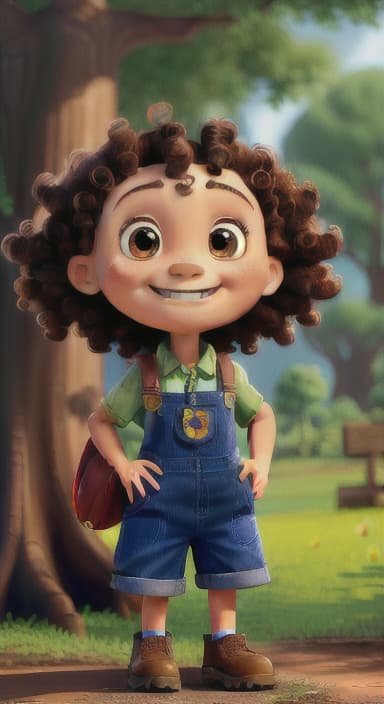  {The tree with a smiling face formed by its bark, looking down at Riley., Riley, a curious with big brown eyes and curly hair, wearing overalls and carrying a small backpack. Their friend, Skye, a bluebird with shiny feathers.