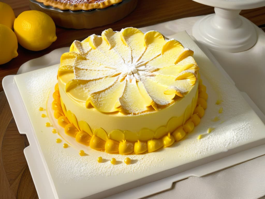  An exquisitely detailed closeup image of a vibrant lemon tart, showcasing the intricate layers of zesty lemon curd, delicate pastry crust, and a dusting of powdered sugar. The lighting highlights the glossy sheen of the citrus filling, with tiny droplets of condensation glistening on the surface, creating a visually enticing and mouthwatering dessert masterpiece. hyperrealistic, full body, detailed clothing, highly detailed, cinematic lighting, stunningly beautiful, intricate, sharp focus, f/1. 8, 85mm, (centered image composition), (professionally color graded), ((bright soft diffused light)), volumetric fog, trending on instagram, trending on tumblr, HDR 4K, 8K