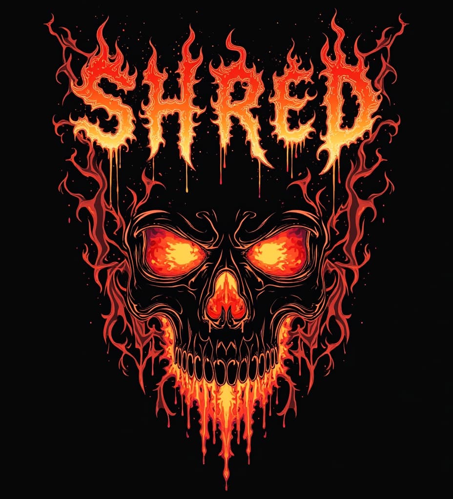  good quality, high quality, death metal shirt design. there are designs related to metal music. fire and abstract shapes the letters "shred on top of the design