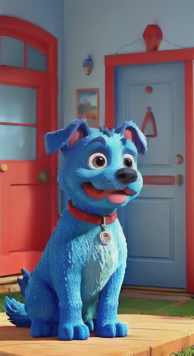  {Max the big blue dog standing in front of a cozy little house with a red door, The big blue dog is large with sky blue fur, big round eyes, a black nose, and floppy ears.