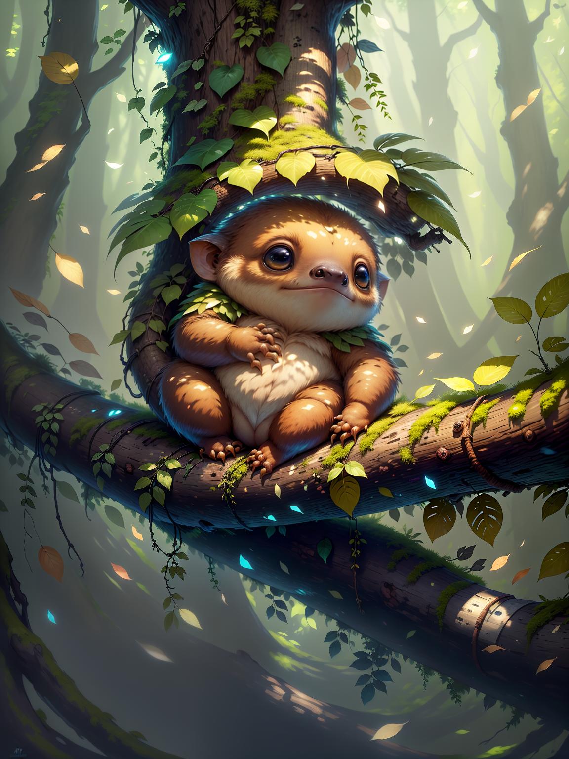  master piece, best quality, ultra detailed, highres, 4k.8k, Sloth., Relaxing, Hanging out with friends, Taking it easy, Chilling out., Content., BREAK Laid back Sloth Lifestyle., Leafy tree canopy., Hanging vines, Sunlight filtering through the leaves, Tree branches, Moss covered logs., BREAK Tranquil and serene., Soft, warm lighting, Calming and peaceful ambiance., magic particles,Cu73Cre4ture,fun00d