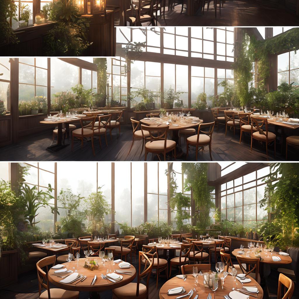  ((masterpiece)),(((best quality))), 8k, high detailed, ultra-detailed. A small glasshouse restaurant. (A cozy interior) with (wooden tables and chairs), (hanging plants), (soft candlelight), and (faint background music). hyperrealistic, full body, detailed clothing, highly detailed, cinematic lighting, stunningly beautiful, intricate, sharp focus, f/1. 8, 85mm, (centered image composition), (professionally color graded), ((bright soft diffused light)), volumetric fog, trending on instagram, trending on tumblr, HDR 4K, 8K