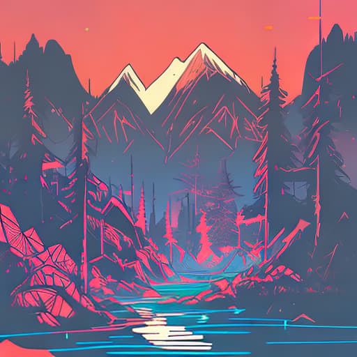 nvinkpunk Whimsical mountains with trees, water, and camping