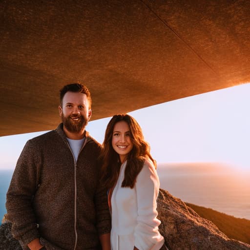 portrait+ style A couple sit on the top of a mountain looking out to the ocean the sun is setting casting a warm orange glow