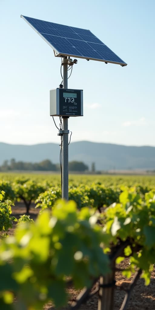  good quality, high quality, automated weather station with solar panels in a vineyard, collecting data to optimize irrigation and fertilization schedules