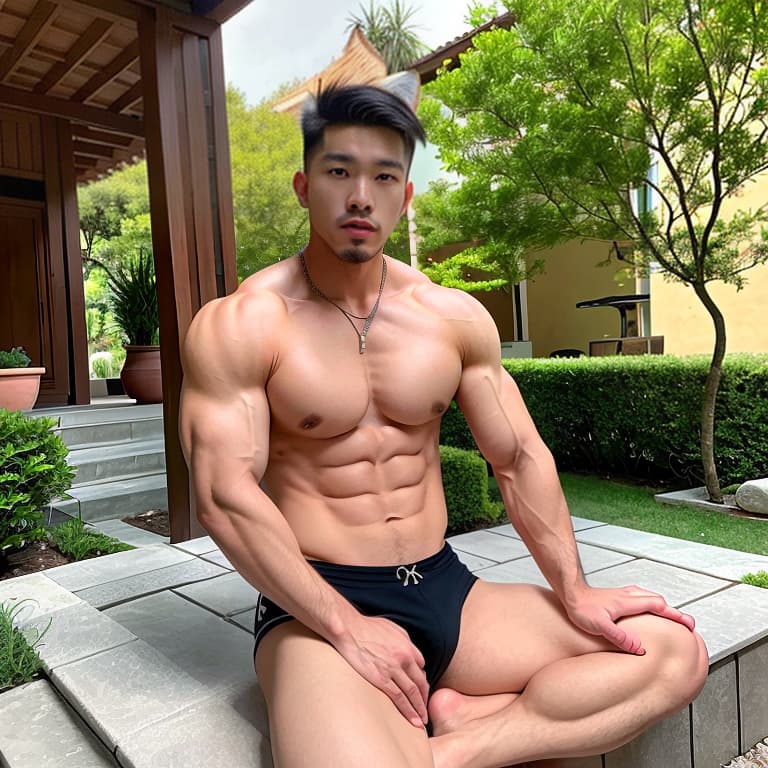  A handsome Asian faced guy with nine fox tails and fox ears, six pack muscles, hair, and a huge is sitting in the courtyard of the villa, admiring the young beautiful .
