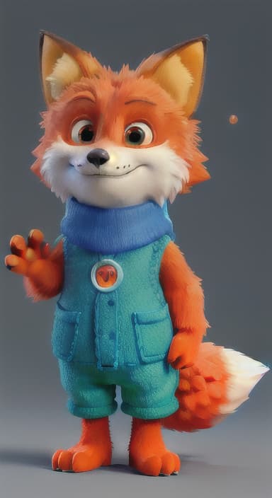  {Error the fox pressing the blue button with his paw, looking puzzled as nothing occurs., Error is a small, bright orange fox with a fluffy tail and big, inquisitive eyes. He has a mischievous yet kind expression and wears a tiny green scarf.