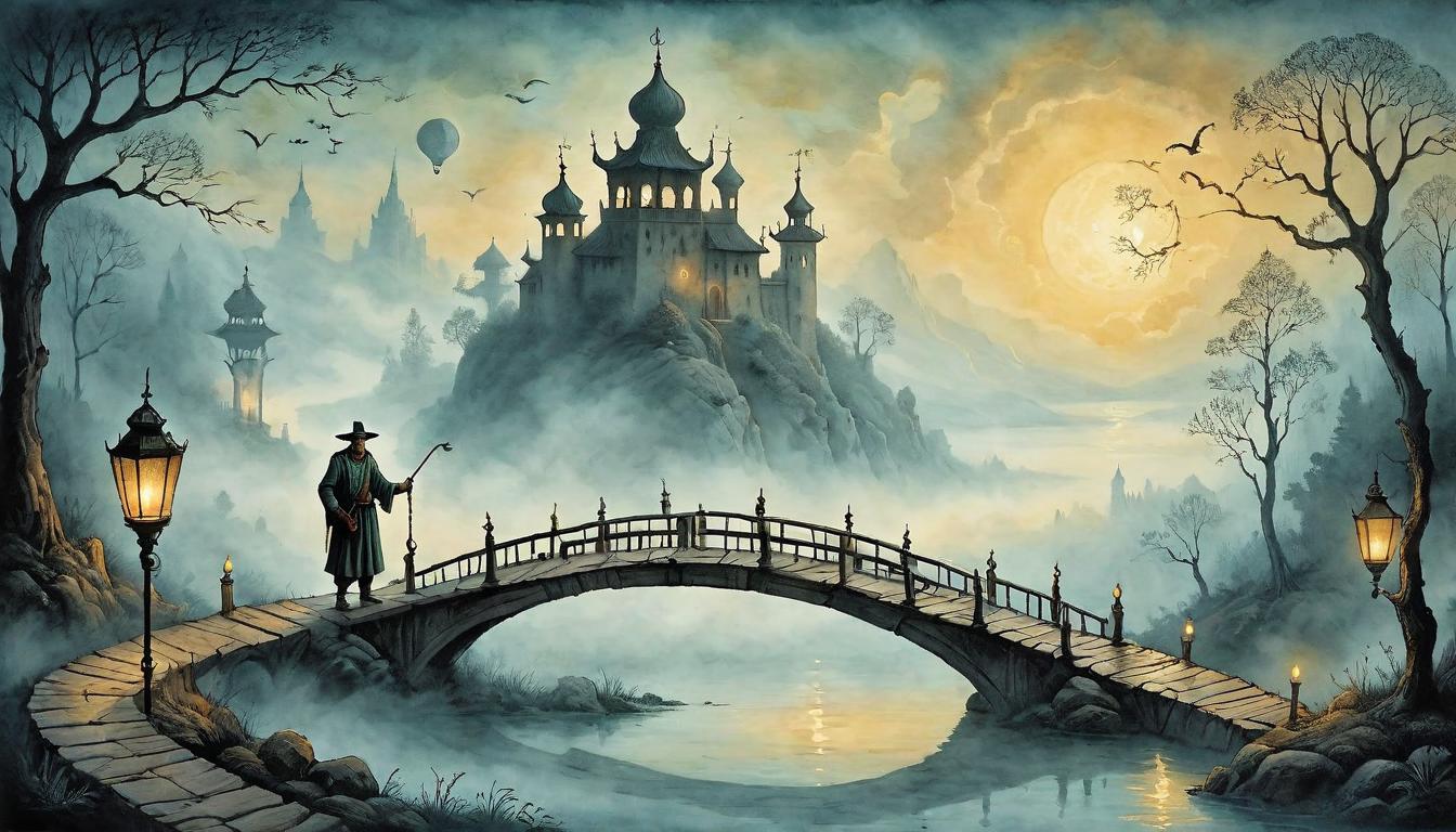  on parchment, surrealism+++, A traveler at dawn, crossing a bridge made of mist, guided by the light of an unseen lantern. Path to divine mission, dawn of understanding, guidance in obscurity, journey of enlightenment.(mysterious, provocative, symbolic,muted color)+++