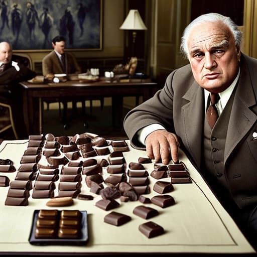  Elderly Marlon Brando, Don Vito dressed in a 1940’s dress suit inside a dark office of his mansion. Foreground plates of fine dark chocolates on a table. Background dark office with men holding guns Painting style of Edgar Degas