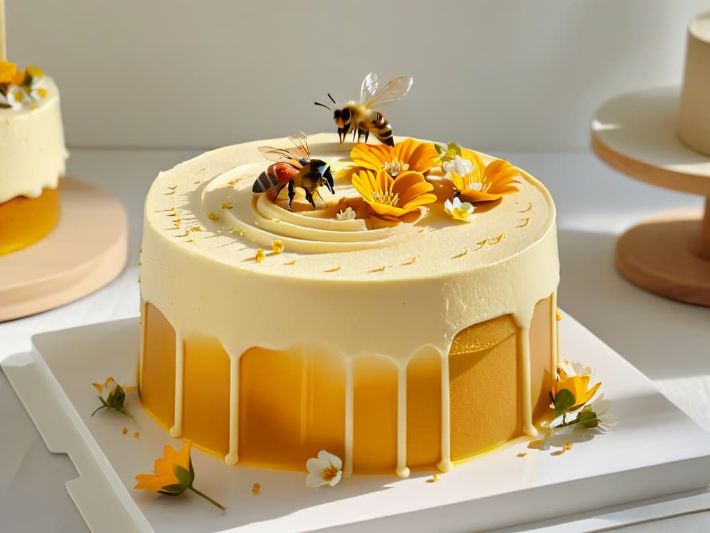  An ultradetailed image of a delicately crafted honey drizzle cascading over a perfectly baked Manuka honeyinfused cake, showcasing intricate swirls and golden hues glistening under a soft, natural light. The cake is elegantly decorated with edible flowers, bee pollen, and a hint of fresh mint leaves, set against a clean, white backdrop that accentuates the luxurious simplicity of this gourmet dessert creation. hyperrealistic, full body, detailed clothing, highly detailed, cinematic lighting, stunningly beautiful, intricate, sharp focus, f/1. 8, 85mm, (centered image composition), (professionally color graded), ((bright soft diffused light)), volumetric fog, trending on instagram, trending on tumblr, HDR 4K, 8K