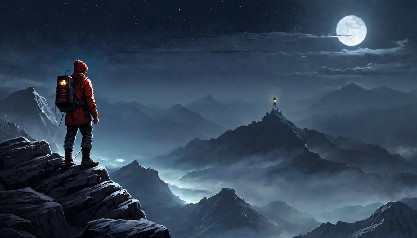  digital painting of A figure standing on a mountain peak, holding a lantern up high into the night, beacon of hope, guiding light, solitude, strength against the vast darkness looking at viewer, dynamic pose, (intricate details, masterpiece, best quality)